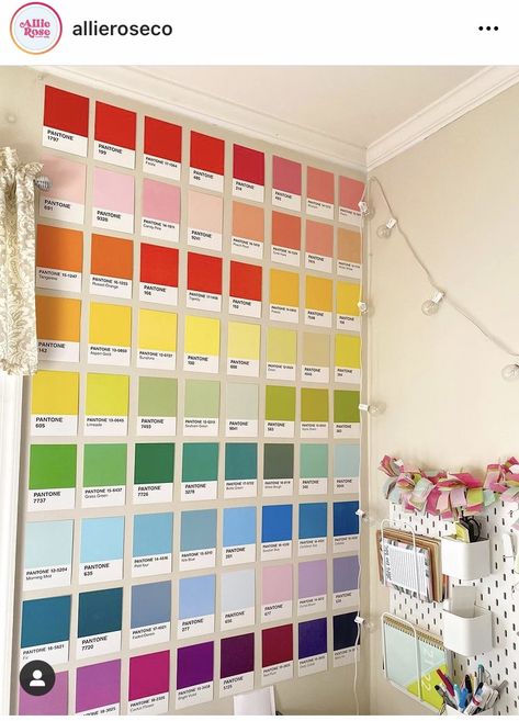 Pop Art Office Design, Paint Swatch Wall Decor, Colorful Office Aesthetic, Small Colorful Office, Bright Color Office Design, Office Interior Design Colorful, Colorful Home Office Ideas, Colorful Office Ideas, Bright Color Office