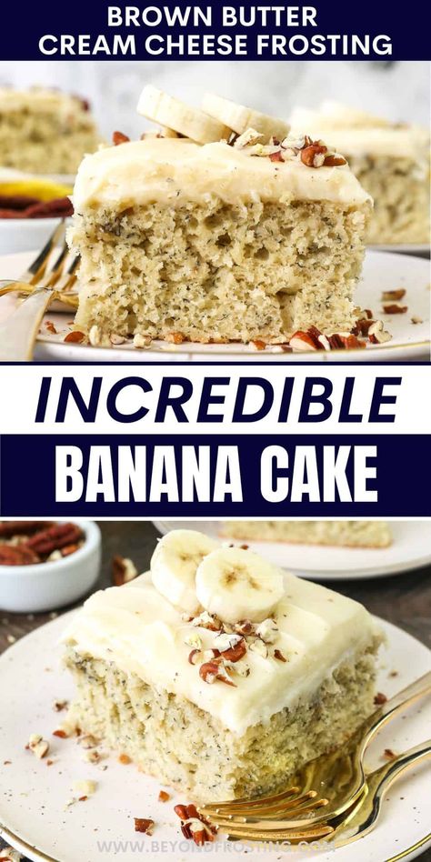 Banana cake smothered with silky brown butter cream cheese frosting Taste Of Home Banana Cake, Banana Cake No Butter, Best Banana Cake Ever, Cream Cheese Banana Cake, The Best Banana Cake In The World, Banana Cakes Easy, Super Moist Banana Cake, Banana Recipe Ideas, Apple And Banana Cake