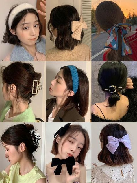 Hair Accessories For Short Hair Bobs, Ponytails Hairstyles For Short Hair, Small Ribbon Hairstyle, Short Hair Outfits, Short Hair Accessories, Korean Short Hair, Hair Style Korea, Hair Arrange, Hairdos For Short Hair