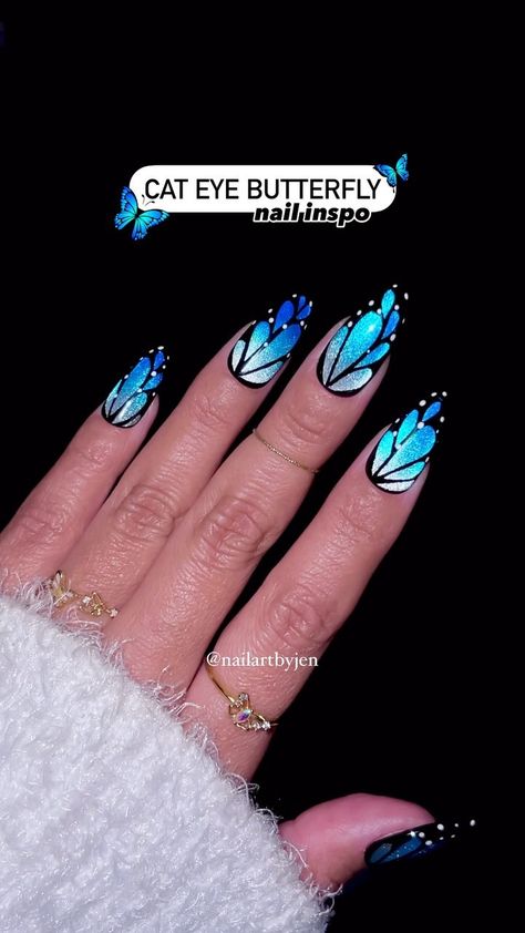 Jeanette Flores | Blue Morpho cat eye spring nails!!😱🤩🤯 Trending butterfly wings, but make them blue this time🩵🦋💙 Should we try these in chrome… | Instagram Holo Butterfly Nails, Royal Blue Nails Butterfly, Black And Blue Butterfly Nails, Oval Shape Nails Designs, Butterfly Cat Eye Nails, Butterfly Wings Nails, Gel X Nail Designs 2024, Cat Eye Butterfly Nails, Butterfly Chrome Nails