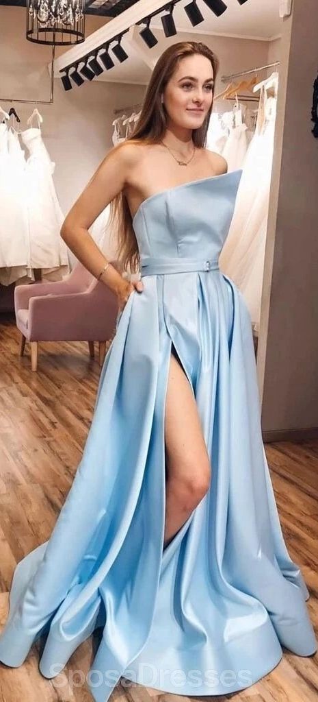 c5cc17e395d3049b03e0f1ccebb02b4ddesc52909059ri Light Blue Prom Dress, Prom Dresses With Pockets, Simple Prom Dress, Long Prom Dresses, Cheap Prom Dresses, Prom Dresses Blue, Blue Satin, Long Prom Dress, Prom Party Dresses