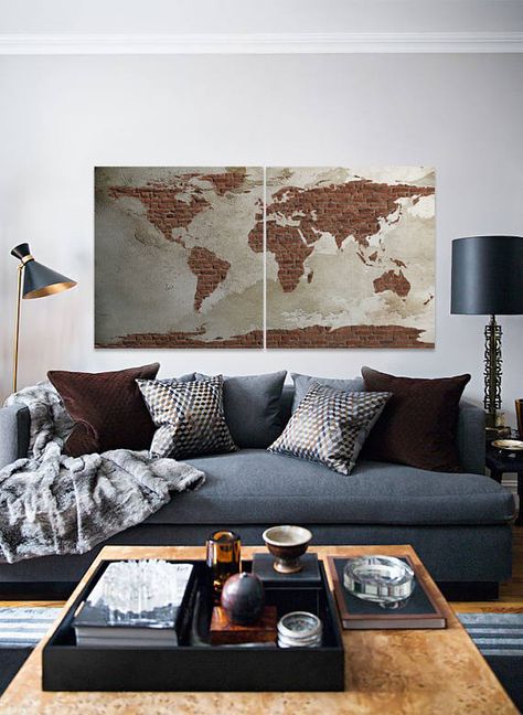 Large World Map, Digital print, Canvas decor, Pin board, Canvas Print, World map print, Art travel m Men Apartment Decor Living Room, Mens Living Room, Mens Apartment Decor, Bachelor Pad Decor, Masculine Living Rooms, Masculine Interior, World Map Print, Men Apartment, Map Wall Decor