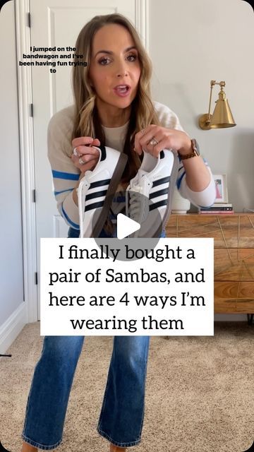 Merrick White / Style Educator on Instagram: "4 ways I’m wearing my new Adidas Sambas sneakers…I finally jumped on the bandwagon! Which outfit do you want to copy??  If you have a pair as well, and need some outfit ideas, I hope this is helpful.  Looking for links? Comment below with the word LINK and I’ll send you a DM with links to all these outfits.  Also, I know sizing is funky for the sambas, but for this pair, they fit very true to size and are VERY comfortable. No break in time required.  #4wayswithmerrick" Jeans Samba Outfit, Adidas Samba Office Outfit, Samba Addidas Outfits Women, Adidas Shoes Samba Outfit Women, Women Samba Outfit, Jeans With Sambas, How To Dress Up Tennis Shoes, Grand Court Alpha Sneaker Outfit, Socks To Wear With Sambas