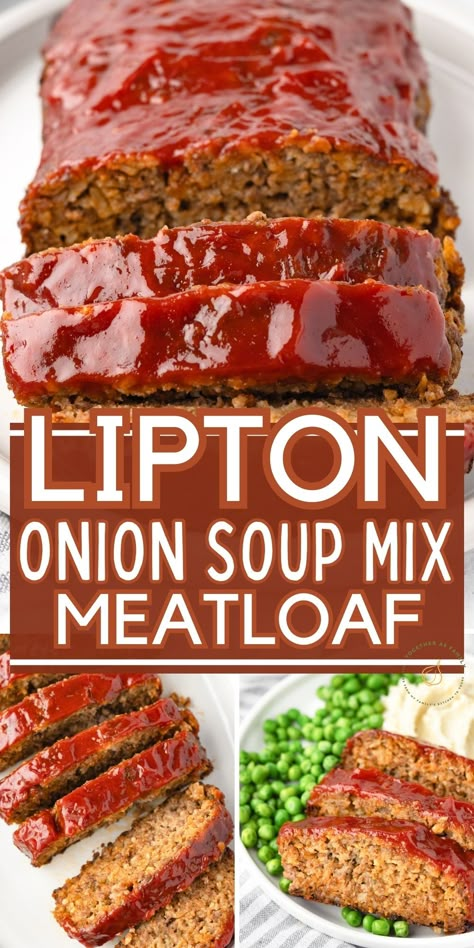 Make classic meatloaf the easy way with this Lipton Onion Soup Meatloaf recipe! This family favorite meatloaf recipe has a super flavorful 'secret ingredient' that makes it stand out from the rest - onion soup mix! Lipton Vegetable Soup Mix Recipes, Lipton Onion Soup Mix Meatloaf, Onion Soup Mix Meatloaf, Lipton Onion Soup Recipes, Lipton Onion Soup Meatloaf Recipe, Onion Soup Meatloaf Recipe, Lipton Onion Soup Meatloaf, Beef Meatloaf Recipes, Delicious Meatloaf