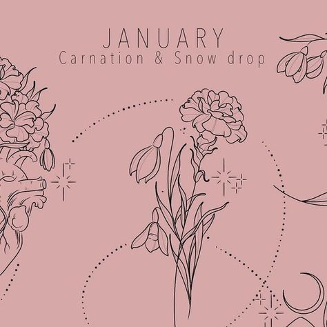 Capricorn Tattoo For Women Flowers, Snow Drop And Rose Tattoo, Violet And Snowdrop Tattoo, Jan Birth Flower Tattoo, Carnation And Narcissus Tattoo, Capricorn Birth Flower Tattoo, Snowdrop Carnation Tattoo, Snow Drop And Carnation Tattoo, Carnations And Snowdrops Tattoo