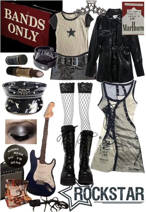 Grunge Rockstar Gf Outfits, Girly Rocker Outfits, Rock Girlfriend Aesthetic Outfits, Female Rockstar Aesthetic Outfits, Rockstars Girlfriend Outfits, Maneskin Concert Outfit, Blackout Outfit, Acdc Outfit, Rock Star Girlfriend Outfit