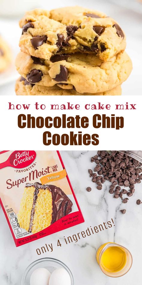 These easy chocolate chip cookies are made from boxed cake mix. The best simple dessert! Cookies Recipes Using Cake Mixes, Rolo Cake Mix Cookies, Cookie Cake Box Recipe, How To Make Cookies Out Of Cake Mix Recipes, Cake Mix Cookies French Vanilla, Cake Mix Choc Chip Cookies, Simple Cake Mix Cookies, Chocolate Chip Cookies With Cake Mix Boxes, Cake Box Chocolate Chip Cookies