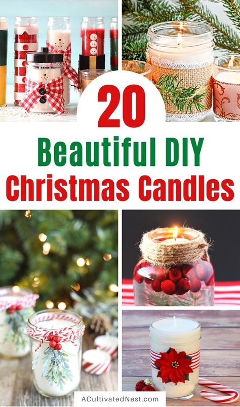 20 Gorgeous DIY Christmas Candles- For a lovely DIY way to update your home's décor for the holidays, check out these gorgeous DIY Christmas candles! They also make wonderful homemade gifts! | #candles #crafts #ChristmasCrafts #diyProject #ACultivatedNest Candle Making Christmas Gift Ideas, Natal, Upcycling, Christmas Candle Jars Diy, Homemade Candles Christmas Gift, Diy Candle Christmas Gifts, Making Christmas Candles Diy, Homemade Christmas Candles Ideas, Diy Homemade Candles