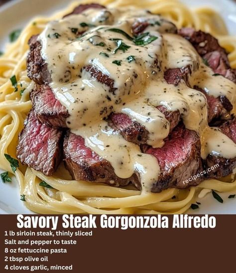 If you are in the mood for a rich and indulgent pasta dish that perfectly balances savory and creamy flavors, then Savory Steak Gorgonzola Alfredo with Creamy Family Meal Dinner Ideas, Dinner Ideas Alfredo, Copycat Olive Garden Steak Gorgonzola Alfredo, Pasta Dinner Dishes, Seven Steak Recipes, Supper Ideas Steak, Steak And Ravioli Dinners, Best Steak Dinner Recipes, Steak Dishes Ideas