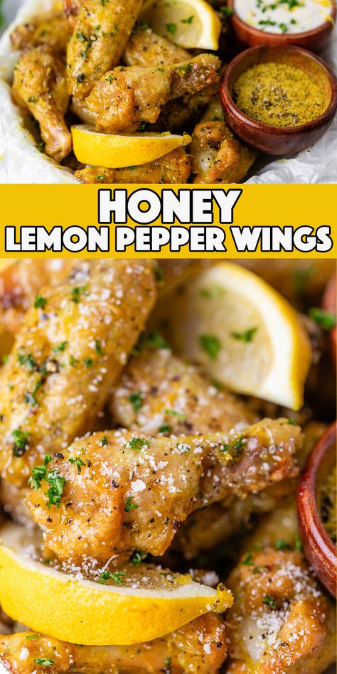 Flavored Wings Recipes, Wing Night Side Dishes, Fried Honey Lemon Pepper Wings, Honey Lemon Pepper Sauce, Lemon Pepper Hot Wing Sauce, Chicken Wing Recipes Crispy, Sauced Chicken Wings, Wing Drummettes Recipe, Hot Wing Bar Ideas