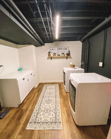 35 Creative Basement Laundry Room Ideas You’ll Want - Addicted To Organization Basement Laundry Cabinets, Basement Remodel Cheap, Storage Room Design Basements, Low Ceiling Laundry Room Ideas, Bedroom To Laundry Room Convert, Basement Utility Room Ideas Unfinished, Diy Basement Laundry Room Makeover, Unfinished Laundry Room Basement, Laundry Room And Kitchen Combined