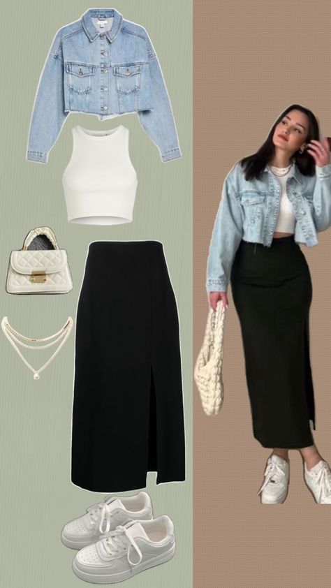 Women’s outfit idea Long Skirt With Jean Jacket, Outfit Ideas With White Crop Top, Crop Jacket And Skirt Outfit, Crop Demin Jacket Outfit, Cropped Jacket And Skirt Outfit, Denim Skirt With Black Top, Winter Outfit With Denim Jacket, How To Crop Jacket, Crop Top Modest Outfit