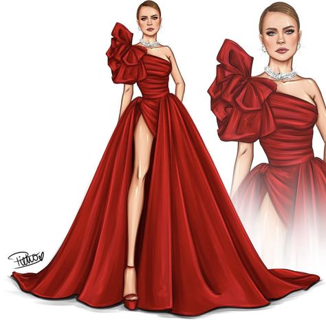 Drawing Ideas For Dresses, Red Dress Illustration Fashion, Outfits To Draw Sketch, Dresses For Drawing, How To Draw Dress Designs, Gowns Dresses Drawing, Cute Dress Sketch, Fashion Illustration Sketches Dresses Gowns Beautiful, Fashion Design Clothes Sketches