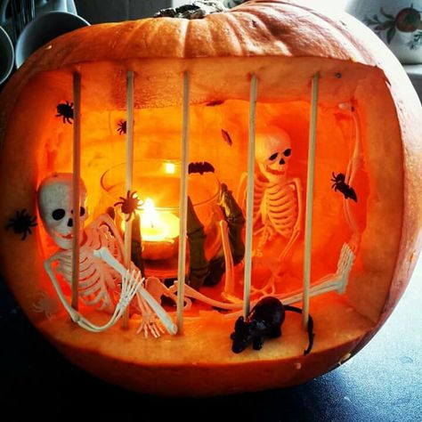 Pumpkin With Skeletons Inside, Pumpkin Carving Jail Cell, Skeleton Jack O Lantern, Pumkin Carving Contest Ideas, Skeleton Carving Pumpkin, Skeleton Pumpkin Carving Ideas, Goblin Pumpkin, Halloween Pumpkins Carvings Designs, Funny Pumpkin Carvings