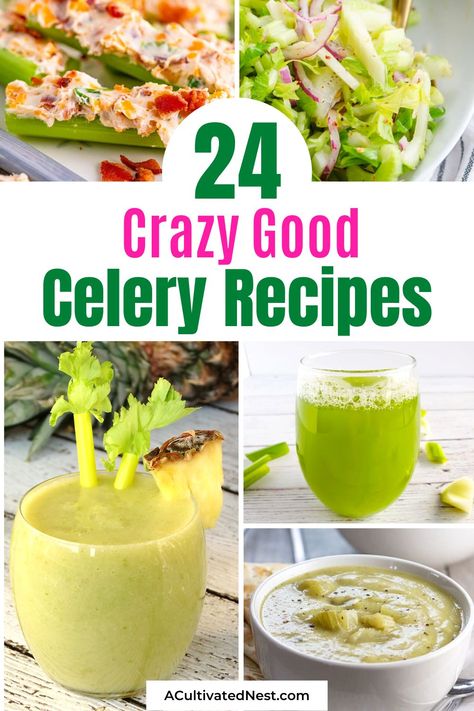 24 Crazy Good Celery Recipes- Celery can be used for more than just plain celery stick snacks. For some healthy, budget-friendly, and delicious ideas, check out these crazy good celery recipes! | #recipes #healthyEating #healthyRecipes #celeryRecipes #ACultivatedNest Recipes To Use Up Celery, Using Up Celery, Low Carb Celery Recipes, Celery Meal Ideas, What To Do With Extra Celery, Ways To Use Celery, Celery Nutrition Facts, Cooking With Celery, Ways To Eat Celery