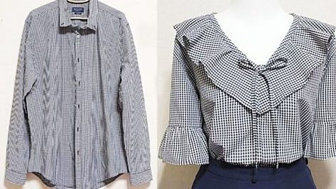 How To Make A Blouse From A Man’s Shirt | DIY Joy Projects and Crafts Ideas Men’s Shirt To Blouse, Shirt Refashion Ideas, Repurposed Mens Dress Shirt, Refashion Men's Shirts To Women's Diy, Repurpose Button Down Shirt, Upcycle Man Shirt, Upcycled Mens Shirt, Mens Shirt Diy, Upcycled Button Down Shirt