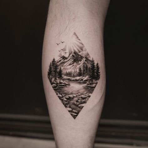 Mountain Landscape Tattoo, Toronto Nature, Landscape Tattoos, Moutain Tattoos, Tattoo Circle, Natur Tattoo Arm, Wilderness Tattoo, Geometric Mountain Tattoo, Mountain Tattoos