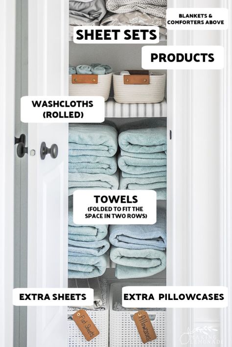 Organizing A Linen Closet, Organized Towel Closet, Linen Closet Organization Towels, Very Small Linen Closet Organization, Linen Closet Towel Organization, Small Closet Storage Ideas Organizing, Towel And Blanket Closet Organization, Linen Closet Small Spaces, Towel Storage Linen Closet