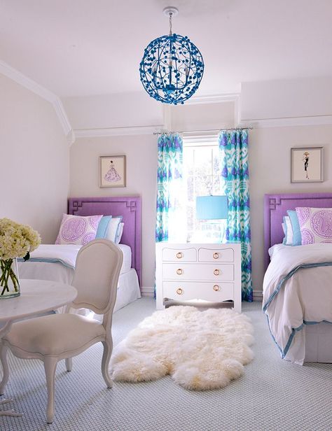 House of Turquoise: Tracy Hardenburg Designs - turquoise and purple girls room Purple Girls Room, Girls Room Design, House Of Turquoise, Twin Bedroom, Teenage Bedroom, Big Girl Rooms