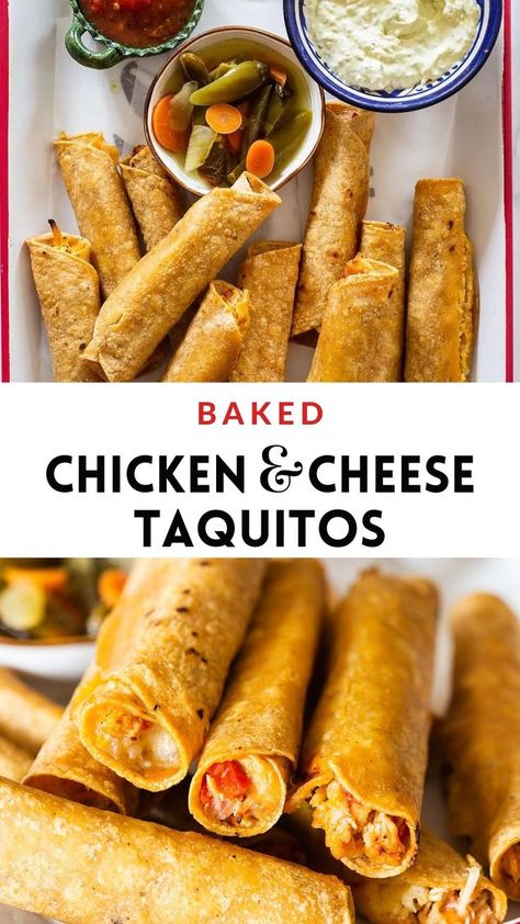 Chicken And Cheese Taquitos, Taquitos Dorados, Baked Corn Tortillas, Cheese Taquitos, Baked Chicken Taquitos, Baked Taquitos, Flavored Chicken, Easy Spanish Recipes, Corn Tortilla Recipes