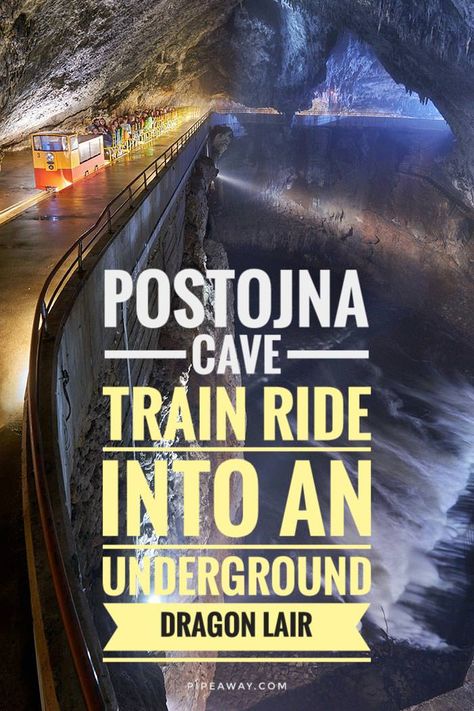 Postojna Cave in Slovenia is so large that it has its own railway line. Welcome to the biggest European show cave that hides tiny baby dragons - the human fish! Postojna Cave Slovenia, Slovenia Caves, Postojna Cave, Europe Home, Dragon Cave, Cave Entrance, Railway Line, Baby Dragons, Cave Tours