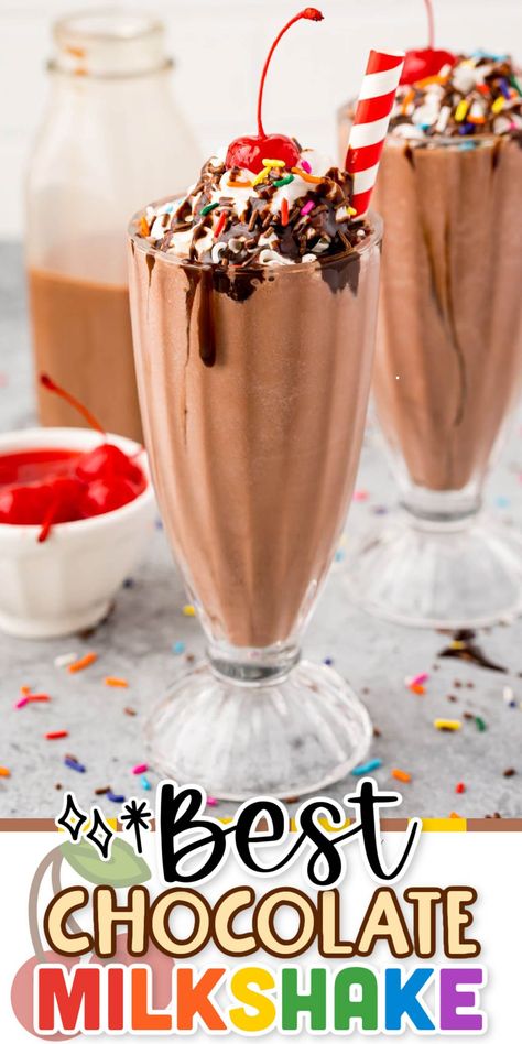 This Chocolate Milkshake is super thick and packed with rich chocolatey flavor made with only two ingredients that's ready for sipping in just 5 minutes! via @sugarandsoulco Milkshake Toppings, Best Chocolate Milkshake Recipe, Chocolate Milk Shakes, Smores Milkshake, Diy Milkshake, Gourmet Milkshakes, Chocolate Ice Cream Milkshake, Kids Milkshake, Homemade Milkshake Recipe