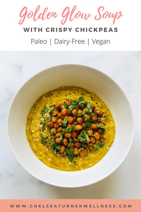 This soup is a macro-balanced meal that will keep you full and balance your blood sugar. Turmeric provides a variety of healing benefits and crispy chickpeas add the perfect crunch! Clean Eating Soup, Paleo Soup, Chowder Soup, Crispy Chickpeas, Broth Recipes, Soups And Stews, New Recipes, Soup Recipes, Clean Eating