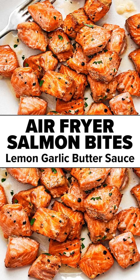 Air fryer salmon bites Salmon For Picky Eaters, Dinner Ideas Fast And Easy, Food For Single Person, Healthy Meals For Two Clean Eating, Easy Meal For One Person, Lemon Garlic Salmon Air Fryer, Easy Cheap Air Fryer Recipes, Salmon Recipes Bites, Lemon Pepper Salmon Air Fryer