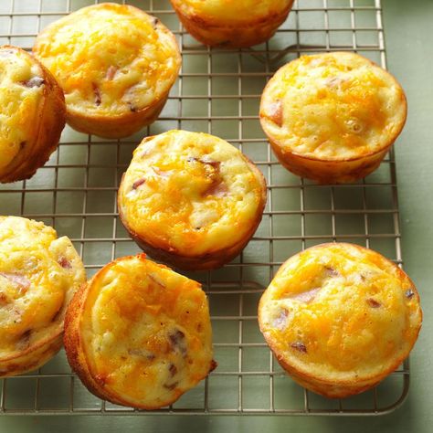 Ham ‘n’ Cheddar Cups Cheddar Cups, Best Potluck Recipes, Ham And Cheese Muffins, Cheddar Cheese Recipes, Delicious Muffins, Cheese Muffins, Twice Baked Potatoes, Potluck Recipes, Bacon Cheddar