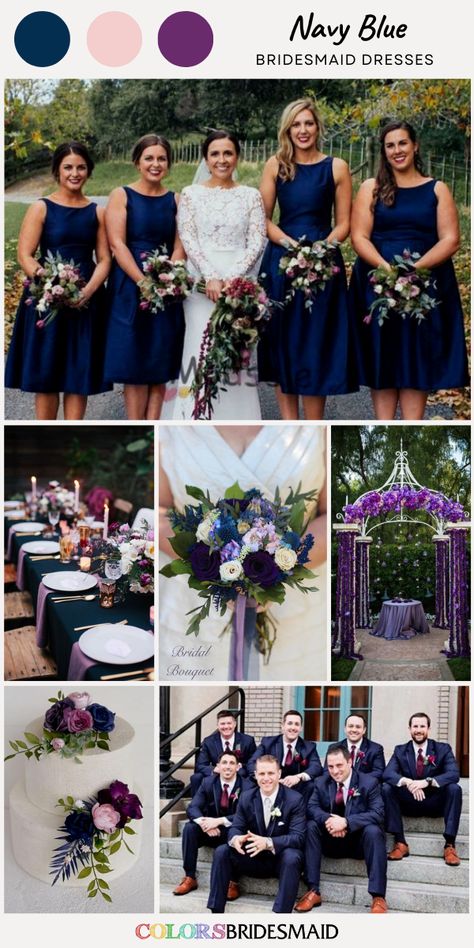 Navy blue bridesmaid dresses on sale under $100, in 600+ custom-made styles and all sizes, white bridal gown, navy blue groomsmen suits purple ties, navy wedding tablecloth and purple napkins, navy purple and white flower and greenery bouquet and wedding cake décor, wedding arch decorated with purple flowers. #colsbm #bridesmaids #bridesmaiddresses #weddingideas #bluewedding #navybluewedding #weddingties #weddingcake #weddingtablecloth #bouquet #weddingcenterpieces #navybluedress b2241 Navy Blue Purple And Rose Gold Wedding, Navy And Eggplant Wedding, Navy Blue And Plum Wedding Theme, Navy Blue And Purple Wedding Cake, Dark Blue And Dark Purple Wedding, Navy Blue And Lavender Wedding Ideas, Dark Purple And Navy Wedding, Blue Purple And Silver Wedding, Aubergine Wedding Theme