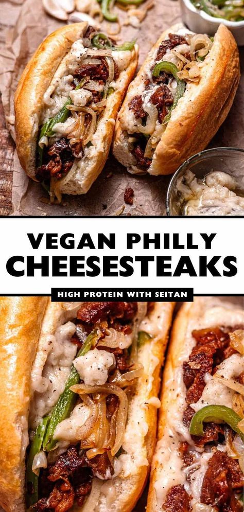 These are the absolute best vegetarian and vegan Philly cheesesteaks! These plant-based cheesesteaks are made with chewy, savory seitan beef, a dairy-free provolone cheese sauce, and lots of sautéed peppers and onions. The toasted crunchy yet fluffy hoagie is coated in a delicious garlic butter (vegan of course!). These veggie sandwiches are super simple to make, perfect for lunch or dinner. Dinner Ideas For Vegans, Philly Cheese Steak Vegetarian, Vegan Cream Cheese Sandwich, Dairy Free Philly Cheese Steak, Vegetarian Sandwiches For Dinner, Easy Vegan Recipes Healthy Lunch, Vegetarian Philly Cheesesteak, Vegan Veggie Sandwich, Vegan Easy Dinner Recipes