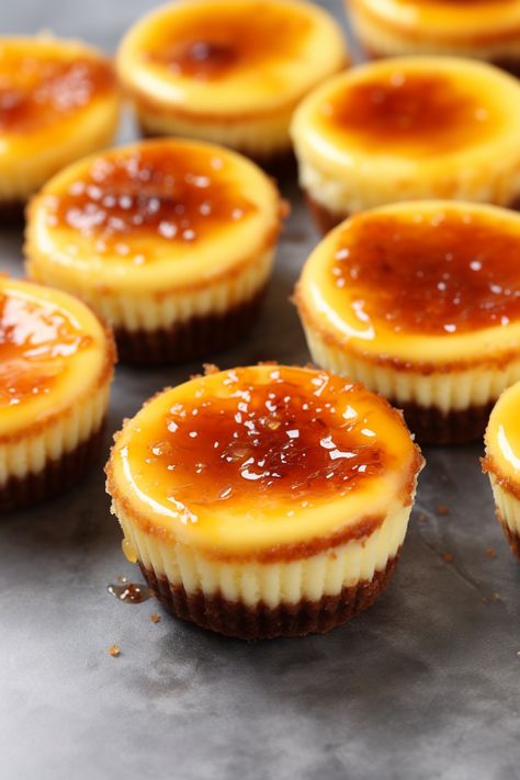 Vanilla Bean Creme Brulee Cheesecake Cupcakes, Homemade Mini Cheesecake, Cream Brulee Cheesecake Recipe, Vanilla Bean Crème Brûlée Cheesecake Cupcakes, Fancy Appetizers For Party Easy, Mini Creme Brulee Cheesecake, Creme Brulee Cupcakes, Weird Desserts, Creme Brulee Recept