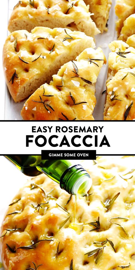 This delicious Rosemary Focaccia Bread recipe is easy to make, and topped with fresh rosemary, olive oil and flaky sea salt. Easy to make as a side for dinner, and it also freezes well! | gimmesomeoven.com #focaccia #bread #italian #side #vegetarian #baking Rustic Italian Bread Recipe Homemade, Bread For Bbq, Crusty Bread Recipe Without Dutch Oven, Easy Onion Recipes, Easy Homemade Focaccia Bread, Bread Recipes With Bread Flour, Ficossia Bread Recipe, Sea Salt Desserts, Fast Focaccia Bread Recipe