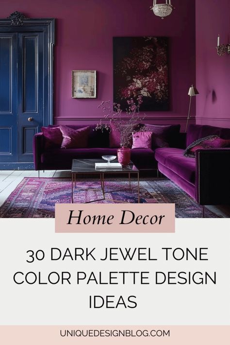 Bold and Beautiful: 30 Dark Jewel Tone Color Palette Design Ideas Jewel Toned Maximalism, Dark Purple Living Room Ideas, Whimsigoth Color Pallet, Jewel Paint Colors, Dark Jewel Tone Living Room, Teal Purple Color Palette, Tetradic Color Scheme Interiors, Jewel Tone Furniture, Jewel Coloured Living Room