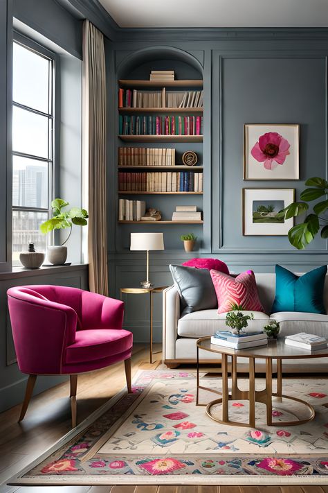 Traditional Living Room Grey Couch, Furniture With Gray Walls, Colorful Transitional Living Room, Pink And Blue Living Room Ideas, Bright Colorful Living Room Ideas, Gray And Pink Living Room, Pink And Blue Living Room, Contemporary Eclectic Living Room, Pink Sofa Living Room