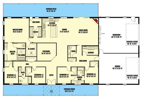 Main level floor plan of a 5-bedroom barndominium style single-story home with front and rear porches, foyer, great room, dining area, kitchen, playroom, laundry, and mudroom that leads to the garage. Large Mudroom Floor Plans, 5 Bedroom Barndominium Floor Plans With Shop, Bardominum Ideas Floor Plans 5 Bedroom, 5 Bedroom House Floor Plan One Level Barndominium, 5 Bedroom Barndominium Floor Plans Single Story, Four Bedroom Barndominium Plans, Barndo Interior, Ranch Addition, Kitchen Playroom