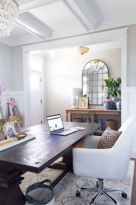 Dining Room Office Reveal Dining Room To Office, Farmhouse Trestle Table, Girly Home Office, Girly Home, Chandelier Vintage, Hm Home, Diy Gold, Vintage Industrial Decor, Arched Mirror