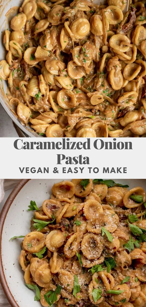 This Caramelized Onion Pasta is a great pantry-friendly meal that also happens to be perfect for an easy weeknight dinner. Dairy-free, creamy and delicious. Vegan Caramelized Onion Pasta, Caramelized Onions Recipe Dinners, Carmelized Onion Creamy Pasta, Dairy Free Creamy Pasta Sauce, Vegan French Onion Pasta, Pasta Dinner Recipes Dairy Free, Creamy Vegetarian Pasta Recipes, Easy Dairy Free Pasta Recipes, Creamy Caramelized Onion Pasta