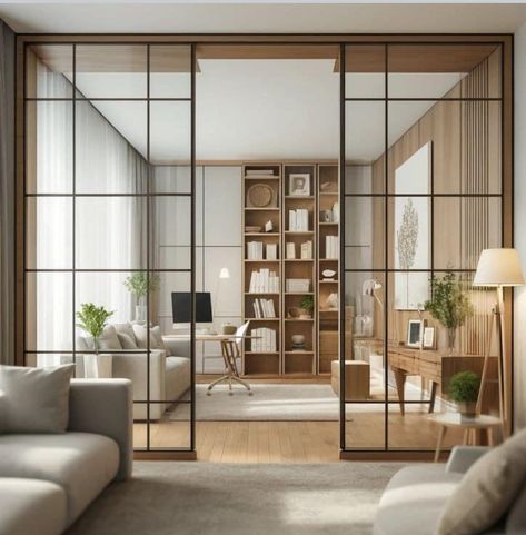 Basement Social Room, Glass Door Study Room, Living Room Screen Divider, Room Divider Glass Doors, Glass Wall Divider Living Room, Glass Dividing Wall, Room Divider Doors Partition Walls, Wood Door With Glass Design, Glass Room Dividers Ideas