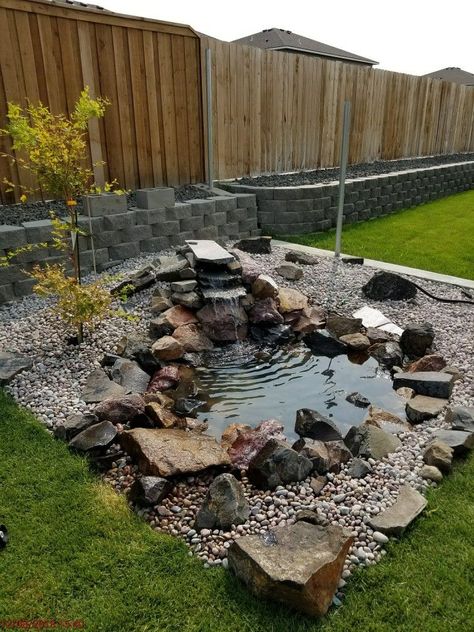 Small Backyard Pound, Backyard Mini Pond Ideas, Small Yard Ponds With Waterfall, Small Ponds With Waterfall Front Yards, Rock Ponds Ideas, Backyard Small Pond Ideas, Outdoor Ponds With Waterfalls, Small Ponds With Waterfall, Small Pond Landscaping