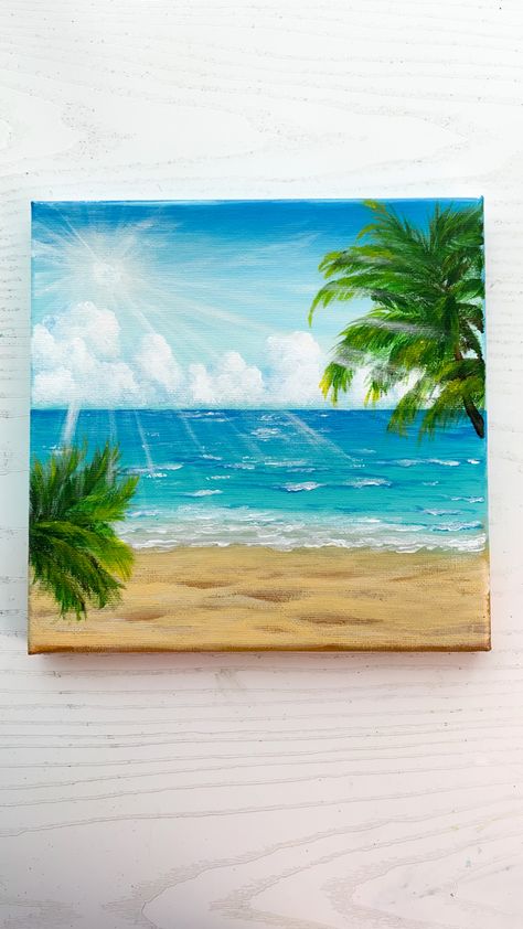 Island Painting Easy, Ocean Artwork Painting, Palm Acrylic Painting, Tropical Paradise Painting, Tropical Ocean Painting, Acrylic Mural Painting, Sand Painting Ideas, Tropical Island Painting, Island Painting Ideas