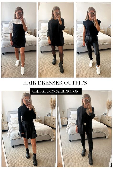 Cute Cosmetologist Outfits All Black, Hairdresser Fashion Outfits, Hairdresser Clothes Outfits, Hair Dresser Style Fashion Outfits, Black Outfit Hairstylist, Makeup Artist Style Clothes, Outfits For Salon Work, Hairstylist Wardrobe Style, Outfit Ideas For Hairdressers