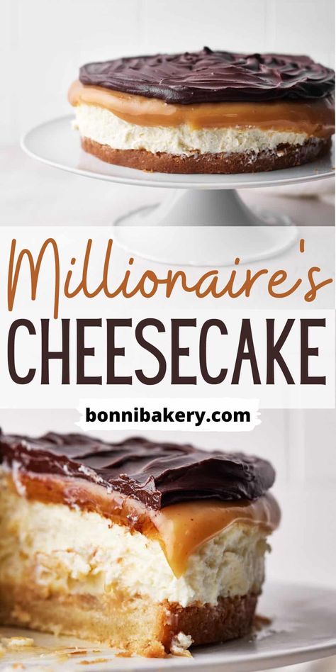 This Millionaire's cheesecake is a twist on the classic Scottish traybake - Millionaire's shortbread. It has a shortbread base, a creamy no-bake cheesecake filling and is topped with gooey caramel and chocolate ganache. It's a truly decadent dessert that will impress your guests! Great for caramel lovers, cheesecake lovers and chocolate lovers! #cheesecake, #millionairescheesecake #cheesecakeideas #nobakecheesecake #millionairesshortbread #carameldesserts #caramelshortcake #caramelshortbread No Bake Millionaire Cheesecake Bars, Millionaire Cheesecake Salad, Bar One Cheesecake, Top Cheesecake Recipes, Taste Of Home Cheesecake, Best Caramel Dessert Recipes, Millionaires Cake Recipe, Millionaire Shortbread Cheesecake, Bake Off Desserts