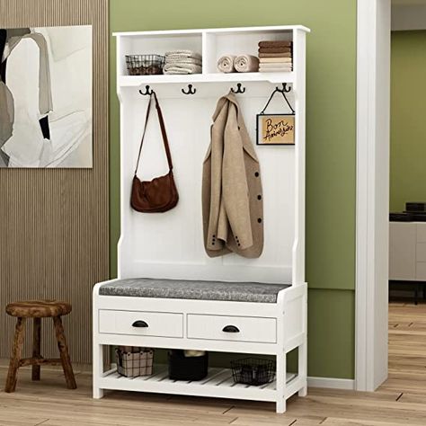 Amazon.com: Homsee Modern Hall Tree with Storage Bench, 4-in-1 Entryway Bench with Coat Rack, Tall Hall Tree with 4 Metal Double Hooks, Shelves & 2 Drawers for Hallway, Living Room, White : Home & Kitchen Modern Hall Tree, White Bench Entryway, White Hall Tree, Bench And Shoe Storage, Hall Tree With Bench, Entryway Hall Tree, Modern Hall, Hall Tree With Storage, Shoe Rack Bench