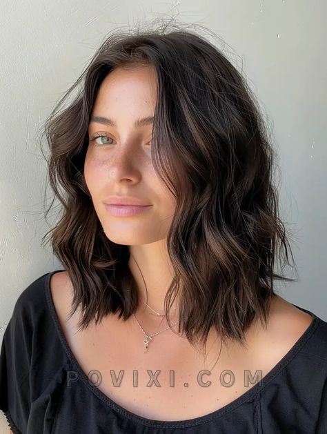 Guide to Textured Lob Haircut 2024: 35 Trendy Styles for Mid Length, Long, Short and Wavy Hair Fine Lob Haircut, Hair Cut To Shoulders, Long Bob On Wavy Hair, Short Haircut Inspo For Wavy Hair, Short Waves Haircut, Olivia Munn Hair Short, Medium Wavy Hair Curtain Bangs, Short Wavy Lob Haircut, Wavy Collar Bone Length Hair