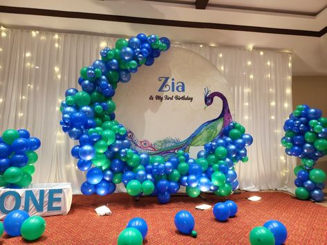 Peacock Theme Birthday Party, Peacock Theme Decoration For Birthday, Peacock Theme Backdrop, Krishna Theme Decoration Birthday, Peacock Theme Decoration, Peacock Party Theme, Blue Birthday Decorations, Peacock Baby Shower, Peacock Birthday Party