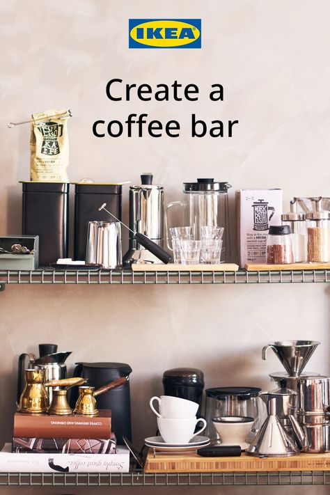 Keep your brewing equipment close and make your own kitchen coffee bar. Coffee Pot Storage, Tiny Kitchen Coffee Station, Ikea Coffe Bar, Bror Ikea Coffee Bar, Ikea Coffee Bar Ideas, Ikea Kallax Coffee Bar, Nespresso Coffee Station Ideas Countertop, Home Coffee Bar Ideas Small Spaces, Ikea Coffee Bar Hack