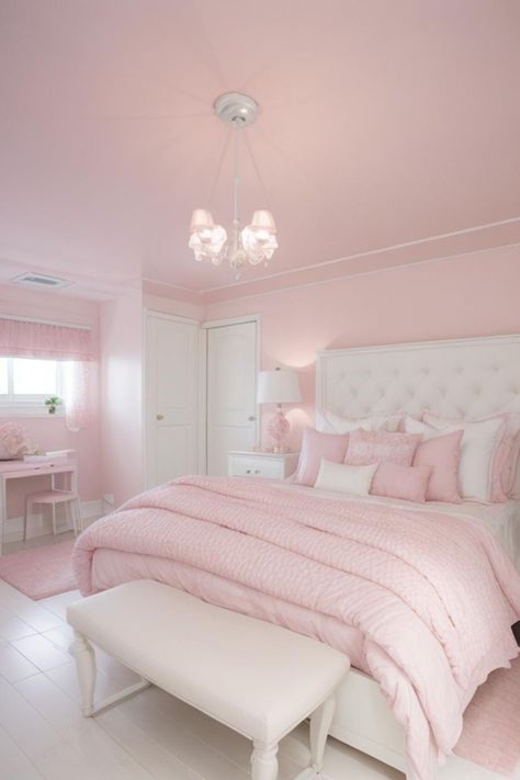 Pink Room Coquette, Room Decor Ideas Pink And White, Light Pink Teenage Girl Bedroom, Cute Bedroom Ideas Aesthetic Cozy, Pink Bedroom Decor Girly, Pink And White Girls Bedroom, Bedroom Ideas Pink And White, Pink Accent Wall Bedroom, White And Pink Room