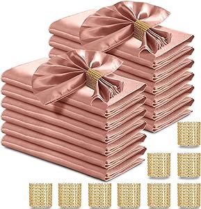 RUDONG M 100 Pcs Rose Gold Satin Napkins and Napkin Rings Set, 17 x 17 Inch Square Cloth Napkins Set of 50, Silky Soft Table Napkins Bulk for Weddings, Banquet, Parties Dinner Decoration White Table Cloth Gold Napkins, Rose Gold Table Setting, Pink Wedding Napkins, Blush Napkins Wedding Place Settings, Rosegold Napkins, Gold Foil Wedding Didposable Napkins, Rose Gold Satin, Gold Napkin Rings, Gold Table Setting