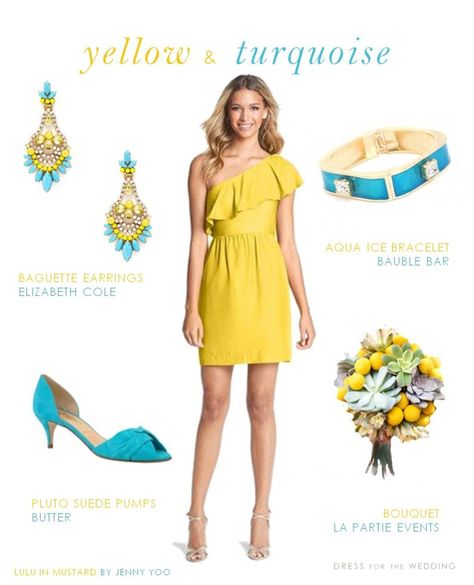 Yellow Dress and Turquoise Accessories Yellow Dress Accessories, Yellow Shoes Outfit, What Jewelry To Wear, Turquoise Accessories, Mustard Yellow Dress, Yellow Wedding Dress, Dress Earrings, Mustard Yellow Dresses, Below The Knee Dresses